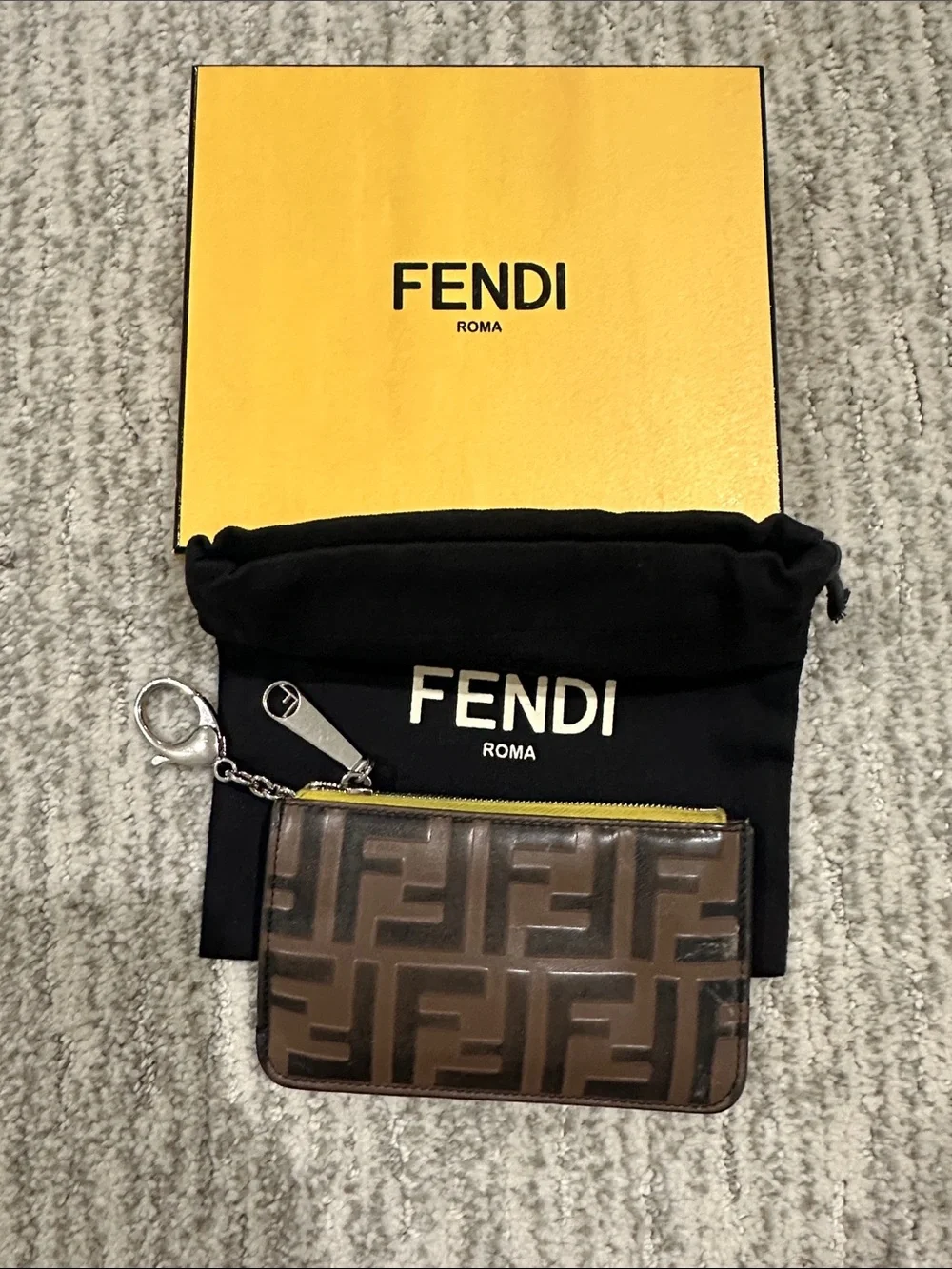 Fendi Brown Zucca FF Key Pouch with Yellow Zipper authentic